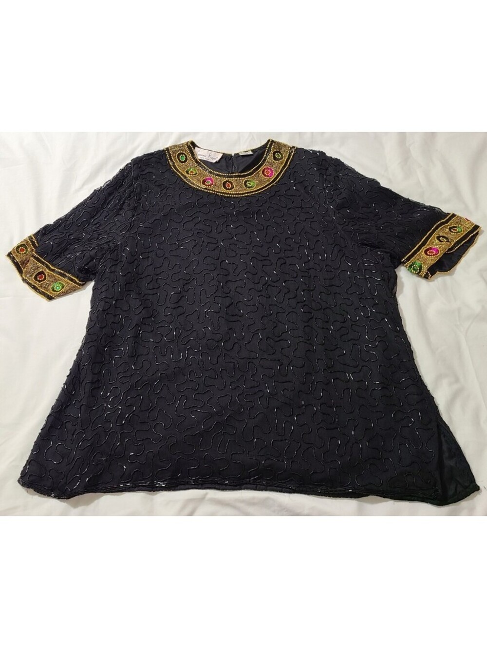 Cowgirl Luxe Laurence Kazar 3X Black Silk Beaded Embellished Western Top